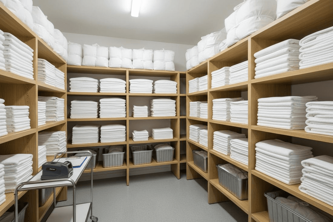 Neatly stacked linens and towels on property storage shelves